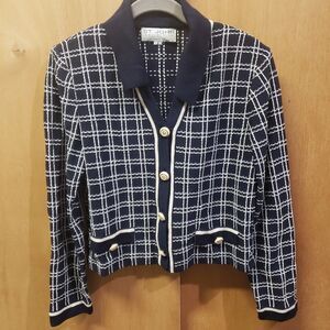 St. John Collection Vintage Blue/White Windowpane Plaid Knit Button Sweater Sz 4